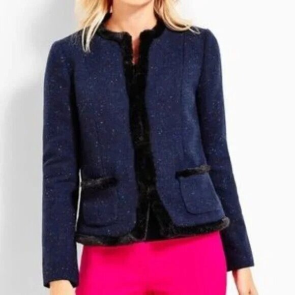 Talbots Jackets & Blazers - Talbots Wool Faux Fur Trim Shetland Blazer Jacket In Speckled Blue Size 4P